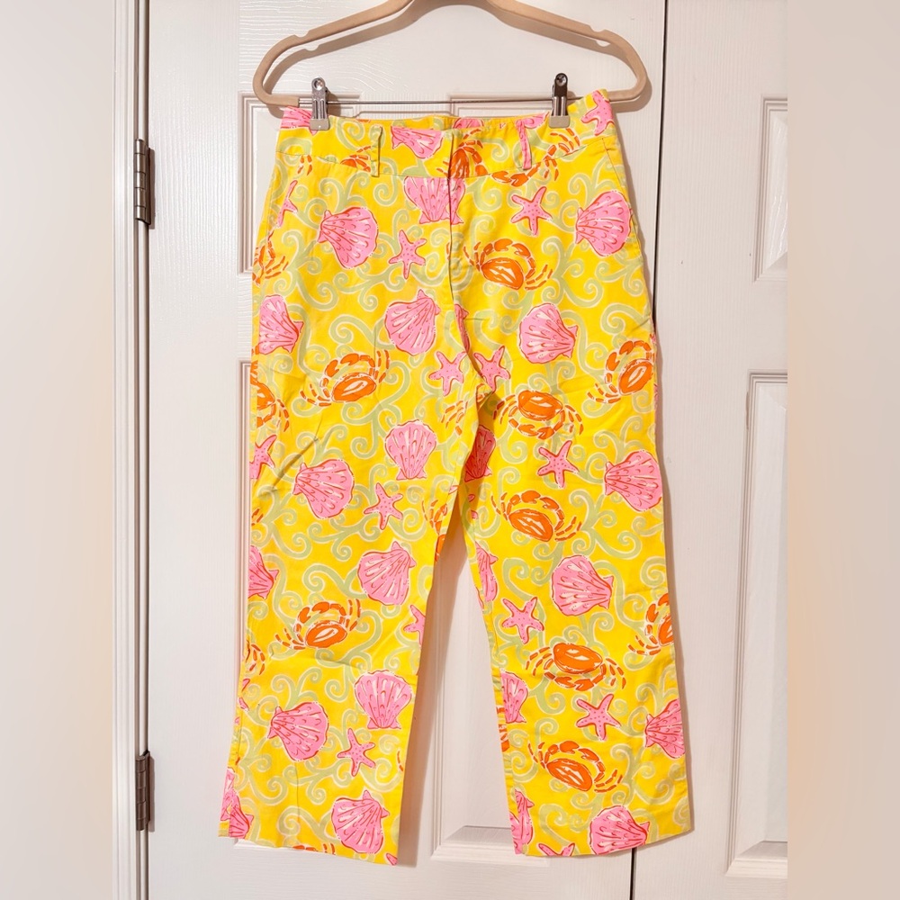 Lilly Pulitzer Yellow Pink Orange Seashell Print Cropped Pants